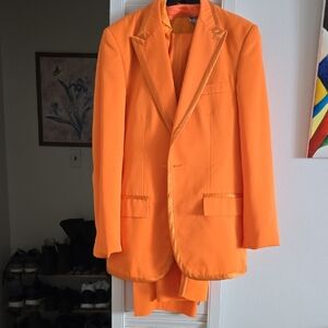 Vibrant Orange Men's Tuxedo Suit Pant Shirt Vest Bow Tie 5 Pieces Size S Tall